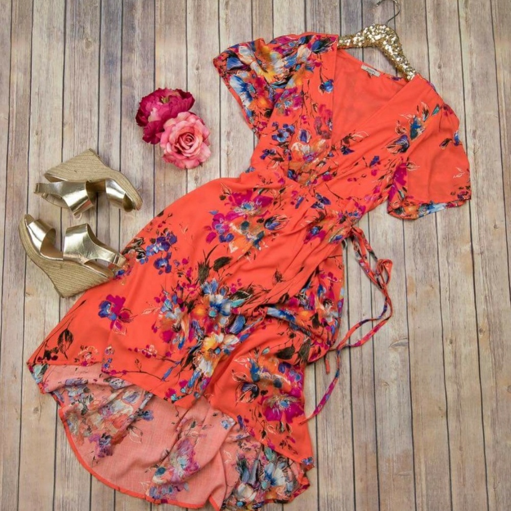 Orange Floral Wrap Dress